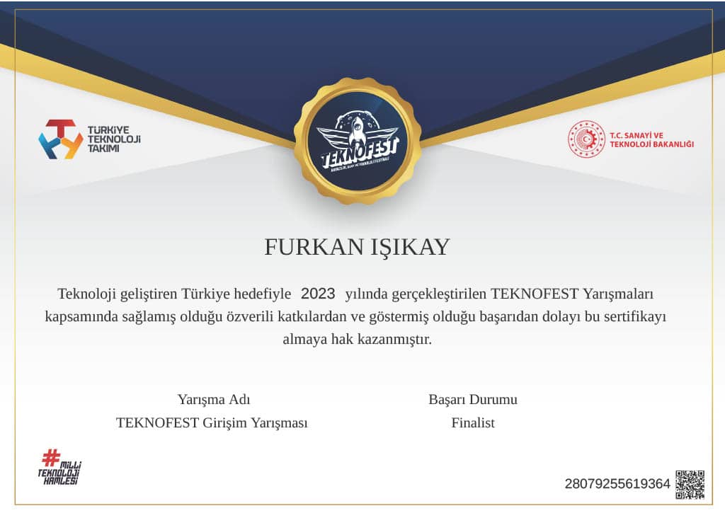 Teknofest 2023 Girişim Yarışması başarı sertifikası